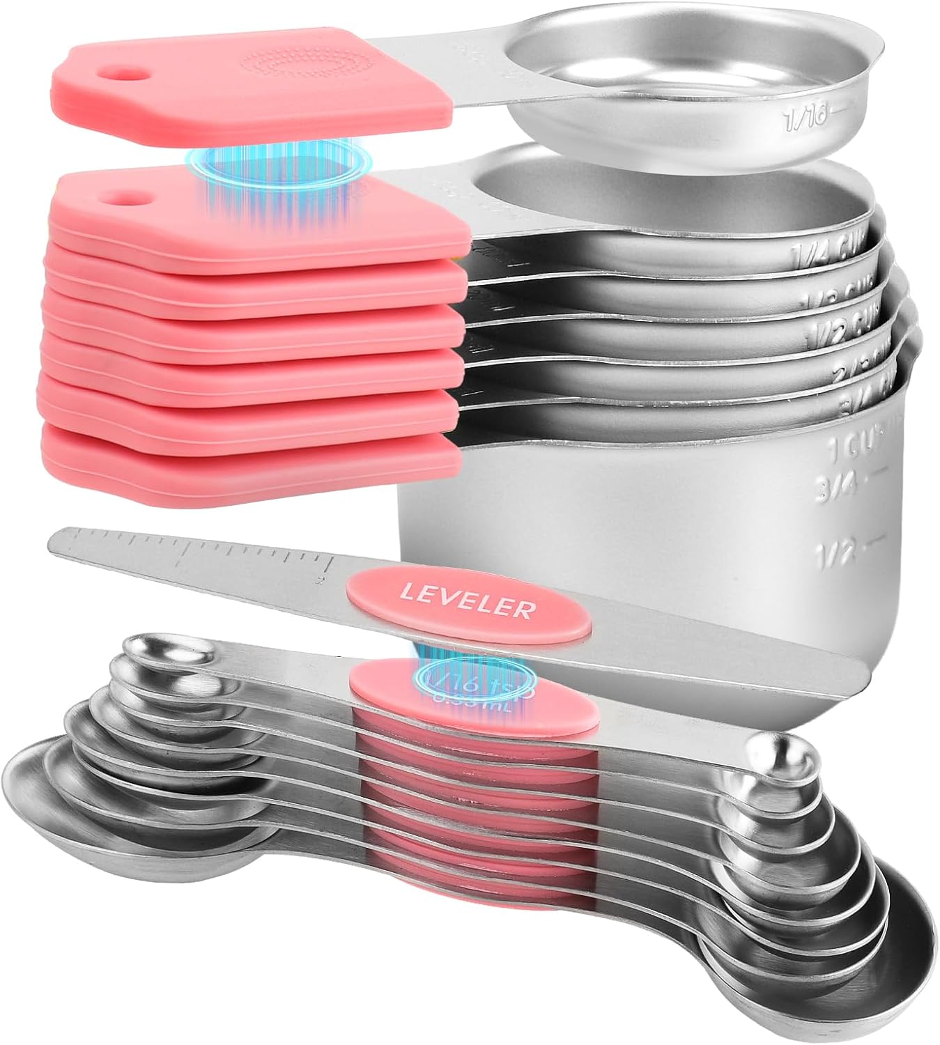 16-Piece Stainless Steel Measuring Cups and Spoons Set, Strong Magnetic Nesting Design 7 Cups 8 Spoons with Leveler, Double Measurement Markings for Dry & Liquid Ingredients, Gold