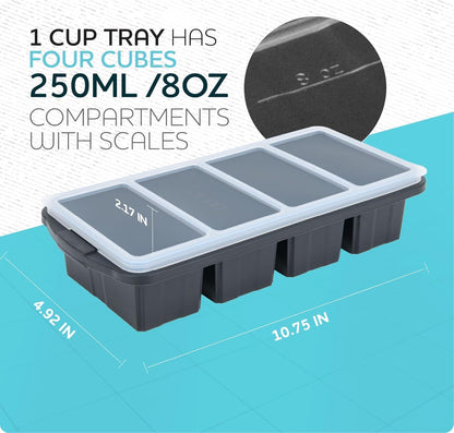 Silicone Freezer Tray With Lid-Soup Freezer Container molds-Large Ice Cube Tray Set Makes 1-Cup & 2-Cup portions cubes Perfect for preparing meals in different portion sizes Oven & Dishwasher -Safe