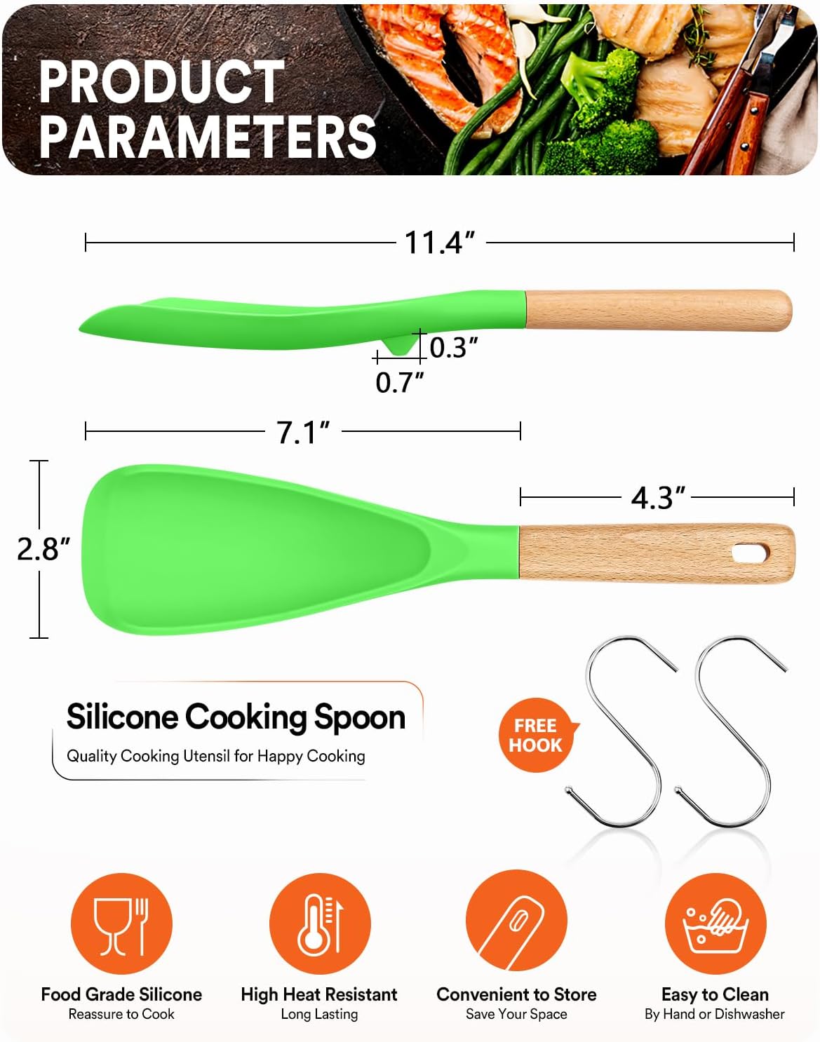 Cooking Spoon for Nonstick Cookwares, Great for Cooking and Serving Sturdy BPA-Free Matte Silicone, Wood Handle Spoon for Mixing, Scoop, and Scrape (Black & Grey, 11.4 inch)