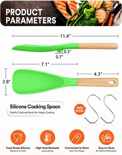 Cooking Spoon for Nonstick Cookwares, Great for Cooking and Serving Sturdy BPA-Free Matte Silicone, Wood Handle Spoon for Mixing, Scoop, and Scrape (Black & Grey, 11.4 inch)