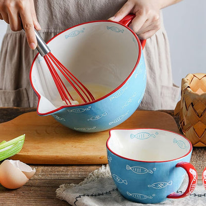 Gaolinci Cherry Blossom Pattern Kitchen Ceramic Mixing Bowl, 1 Quart Large Bowl, with Pouring Spout and Handle
