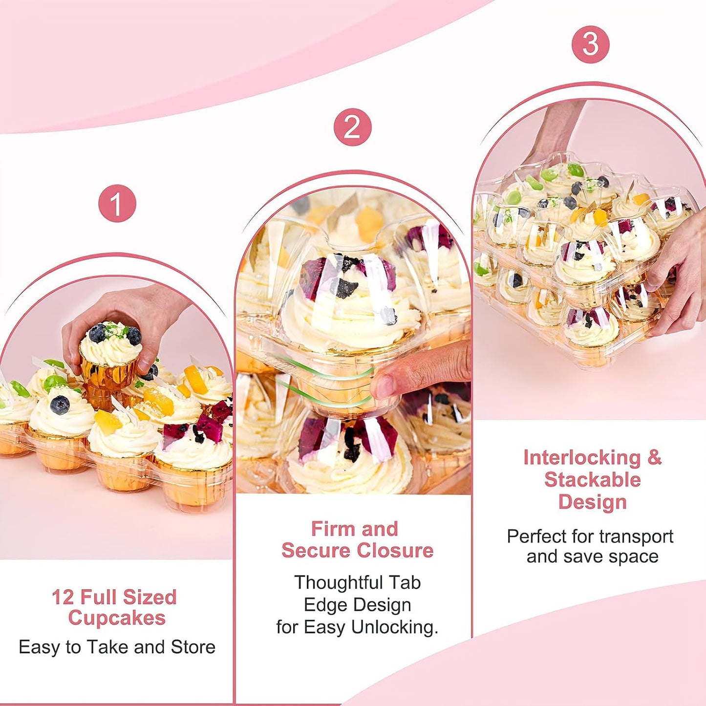 12 Count x 12 Sets Cupcake Carrier With 150 Pack Liners, Stackable Plastic Cupcake Containers Boxes Holder with Tall Dome Lid, Disposable Cupcake Storage Trays