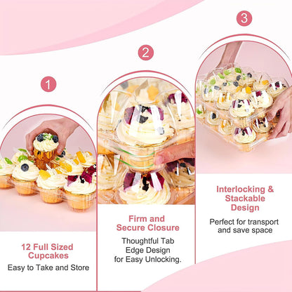 12 Count x 12 Sets Cupcake Carrier With 150 Pack Liners, Stackable Plastic Cupcake Containers Boxes Holder with Tall Dome Lid, Disposable Cupcake Storage Trays
