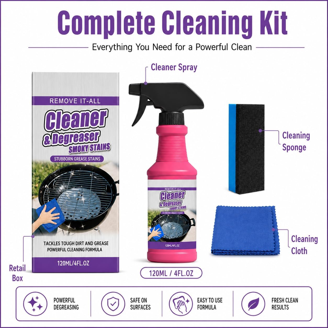 Heavy Duty Grill Cleaner Spray, BBQ Grill Degreaser and Grease Remover for Outdoor Grills, Fast Acting Formula for Grates, Smokers, Drip Pans, Stainless Steel and Porcelain Enamel (1)