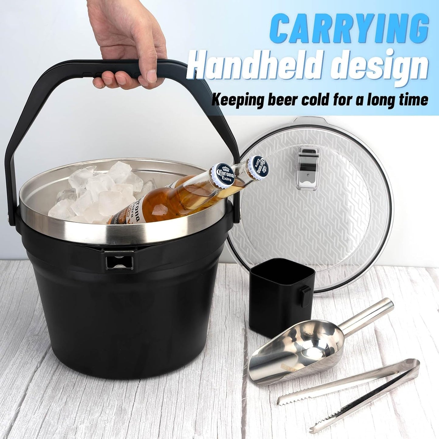 Luxfuel Insulated Beverage & Ice Bucket with Lid - Stainless Steel, Includes Scoop & Tongs, Holds 6 Longnecks or 3 Wine Bottles, Keeps Ice for Hours, Portable Handle for Parties & Outdoors (7.5L)