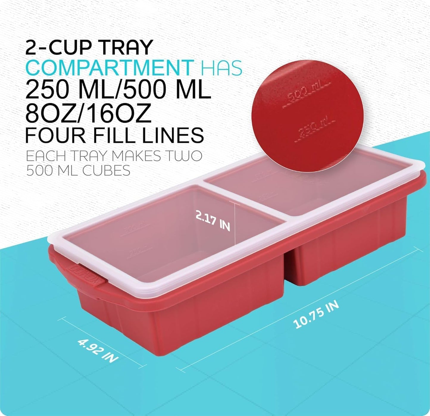 Silicone Freezer Tray With Lid-Soup Freezer Container molds-Large Ice Cube Tray Set Makes 1-Cup & 2-Cup portions cubes Perfect for preparing meals in different portion sizes Oven & Dishwasher -Safe