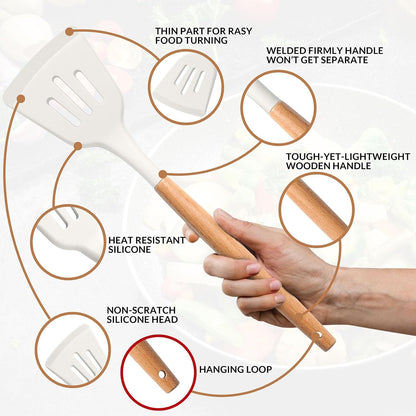 E-far Cooking Utensils Set of 6, Silicone Kitchen Utensils with Wooden Handle, Non-stick Cookware Friendly & Heat Resistant, Includes Spatula/Ladle/Slotted Turner/Serving Spoon/Spaghetti Server(Khaki)