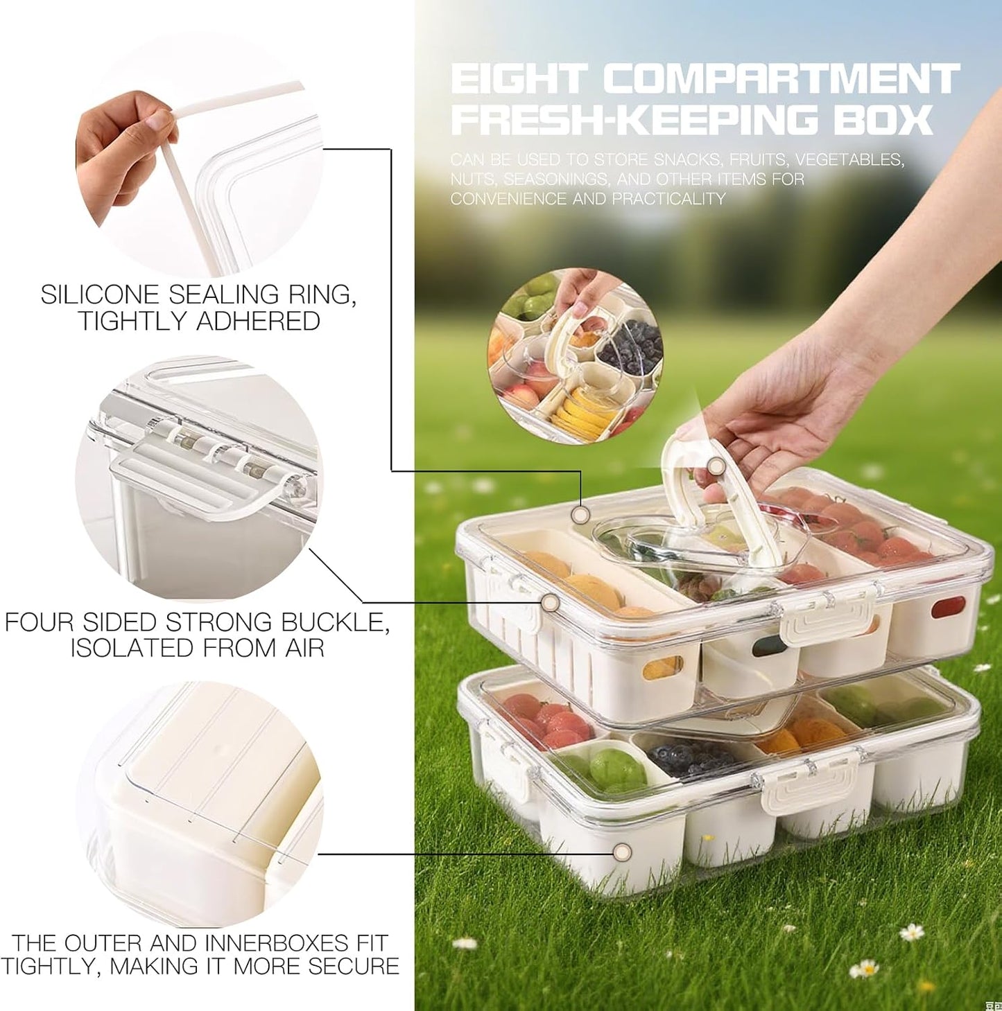6-Compartment Snackle Snack Bowl with Lid-Microwave & Dishwasher Safe Divided Serving Bowl for Fruit,Veggies & Snacks-Portable Snack Organizer for Picnics,Road Trips & Parties (1 pcs 6 Compartment)