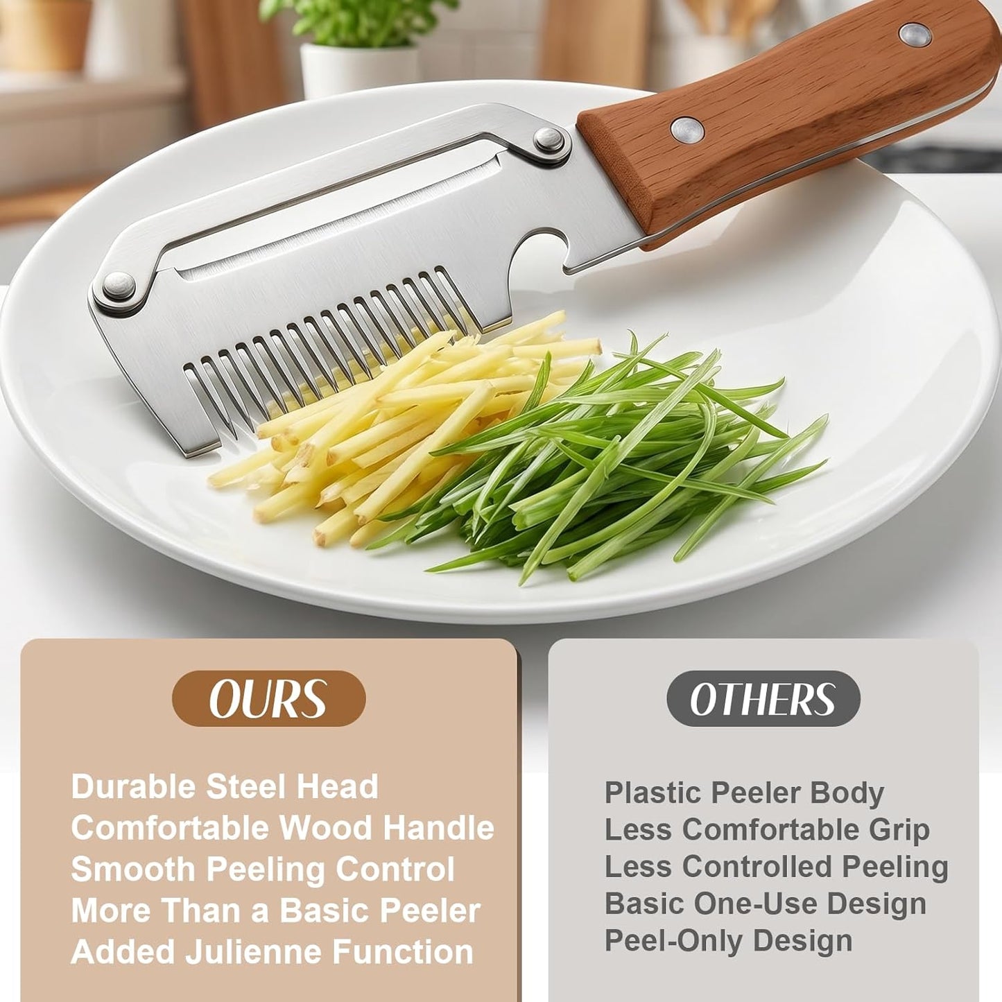 2026 Upgrade Vegetable Peeler With Wooden Handle, Stainless Steel Wide Blade Potato and Carrot Peeler, 3-in-1 Veggie Peeler With Scallion Shredder and Bottle Opener for Kitchen, Camping and Trave