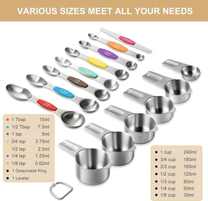 EWFEN Measuring Cups and Spoons Set, 7 Stainless Steel Nesting Measuring Cups & 7 Spoons, 5 Mini Measuring Spoons & 2 Detachable Rings, Kitchen Gadgets for Cooking & Baking, Round