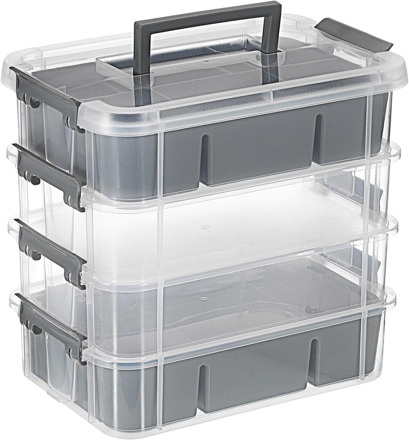 JUXYES 4-Tiers Plastic Stack Carry Storage Containers Box wih Handle Lids | Clear Stackable Latching Storage Bin With 2 Tray for School Office, Organizing Sewing, Art Craft, DIY Supplies, Blue