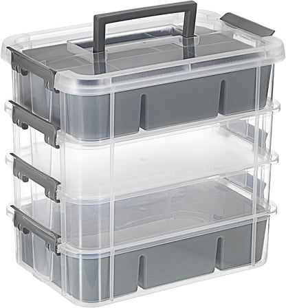 JUXYES 4-Tiers Plastic Stack Carry Storage Containers Box wih Handle Lids | Clear Stackable Latching Storage Bin With 2 Tray for School Office, Organizing Sewing, Art Craft, DIY Supplies, Blue