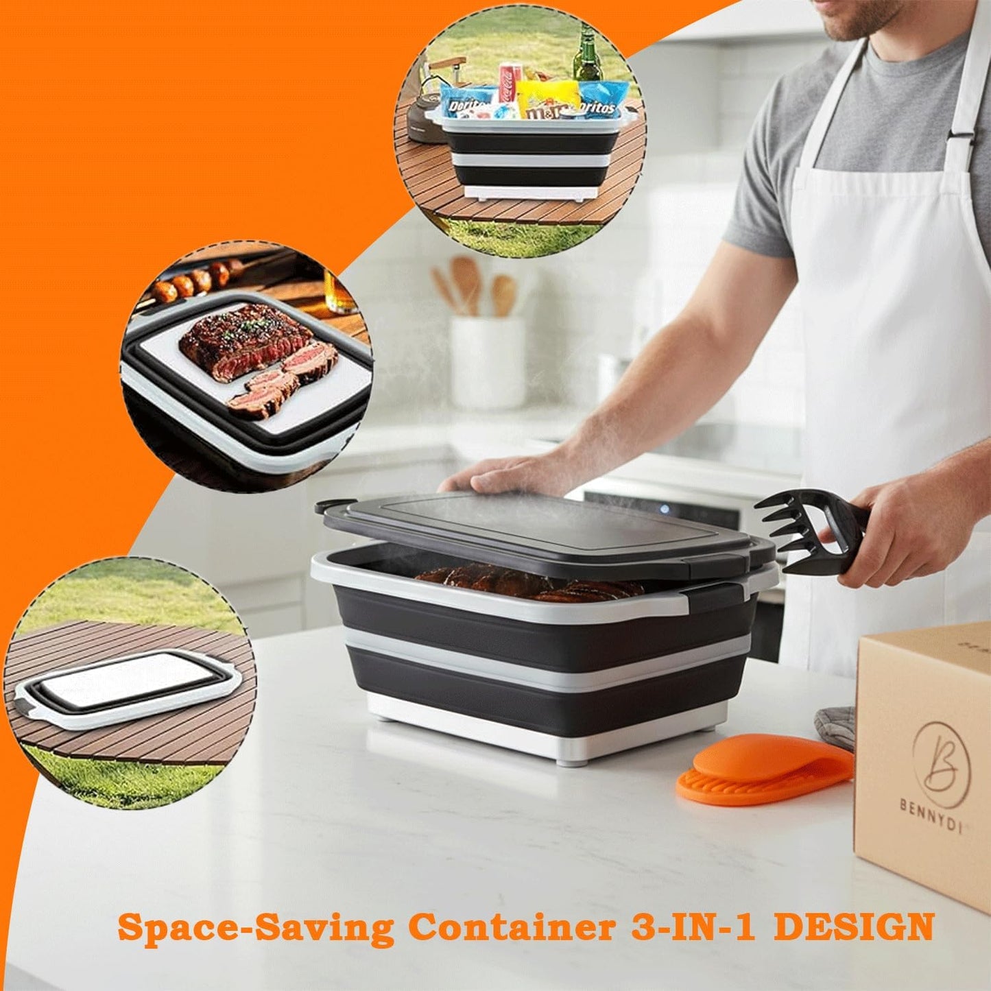 BBQ Prep Tub | Meat Prep Tub with Locking Lid, 2 Meat Shredder Claws & BBQ Mitts Collapsible with Cutting Board, Drain Plug Portable for Camping & Grill Design Picnic,Marinating Meat,Gift For Mothers