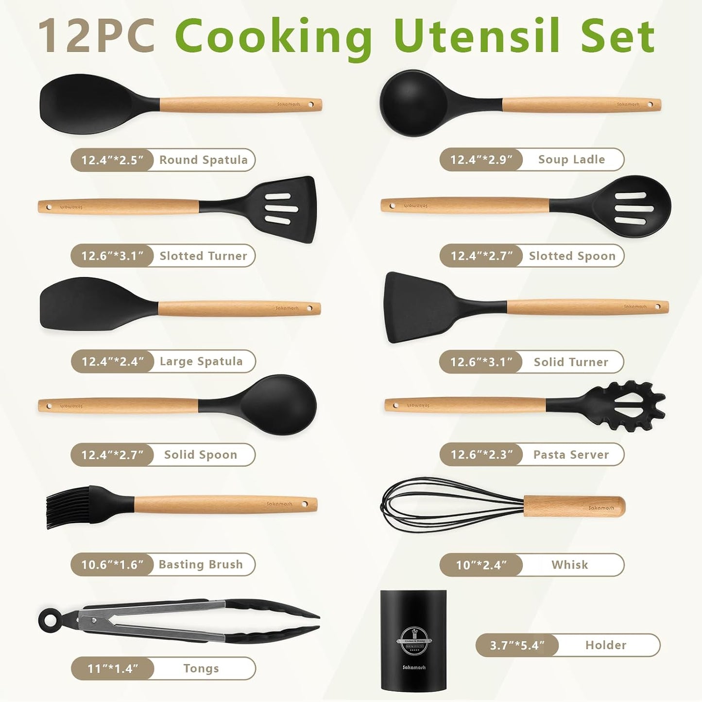 SAKAMOSH Silicone Cooking Utensils Set with Holder, 12 Pcs Heat Resistant Kitchen Utensils Set with Wooden Handle, BPA-free Spatula, Tongs, Spoons Set for Nonstick Cookware, Black