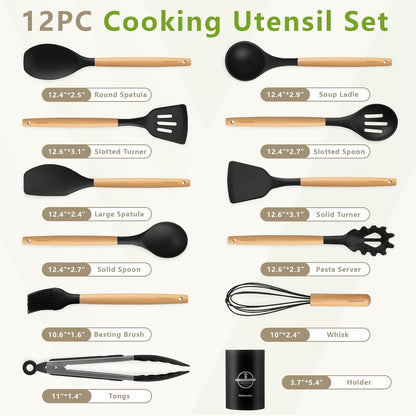 SAKAMOSH Silicone Cooking Utensils Set with Holder, 12 Pcs Heat Resistant Kitchen Utensils Set with Wooden Handle, BPA-free Spatula, Tongs, Spoons Set for Nonstick Cookware, Black