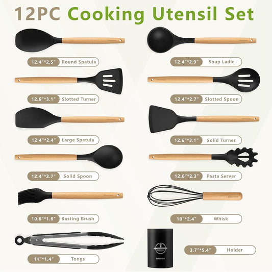 SAKAMOSH Silicone Cooking Utensils Set with Holder, 12 Pcs Heat Resistant Kitchen Utensils Set with Wooden Handle, BPA-free Spatula, Tongs, Spoons Set for Nonstick Cookware, Black