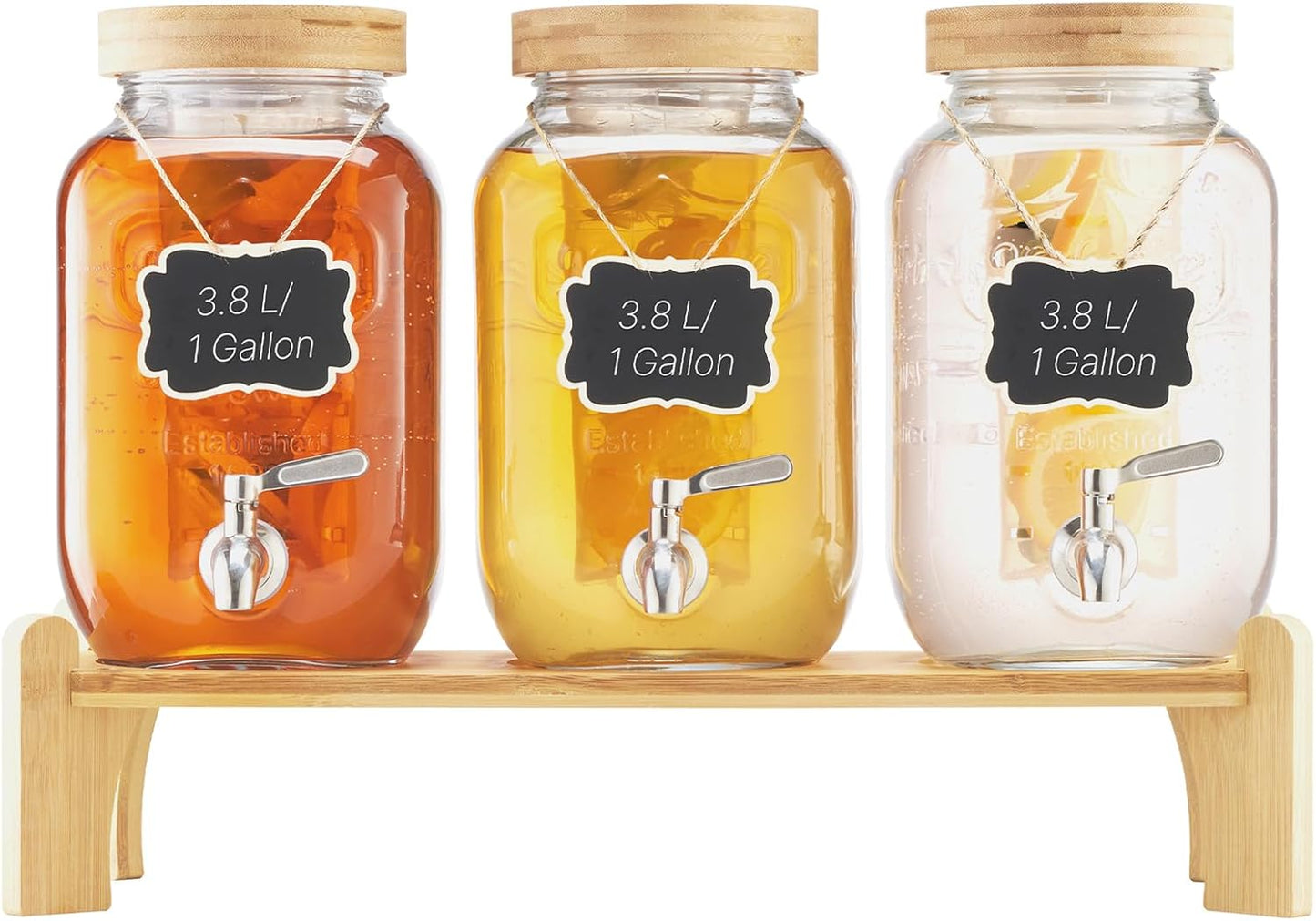 VEVOR Beverage Dispenser, 3 Pack 2 Gallon Drink Dispensers for Parties, Glass Juice Dispenser with Metal Stand, Stainless Steel Spigot, Infuser, Iced Tea Lemonade Juice Water Dispensers for Parties