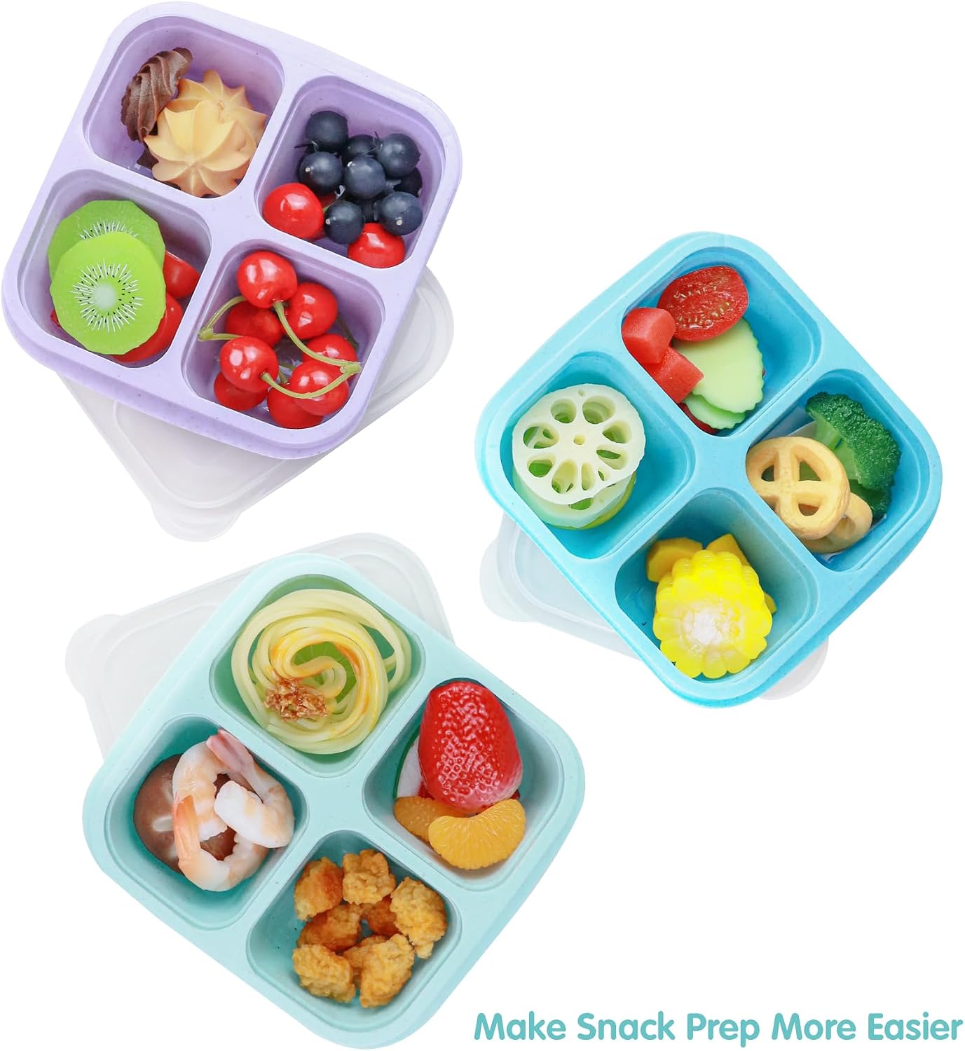 Finorder 6 Pack 4-Compartment Snack Containers, Reusable Food Containers for Kids School, Adults Office, Picnic Trip, Lunch Bento Box Meal Prep Containers (Bright Color Set)