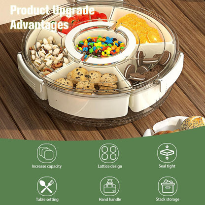 Divided Serving Tray with Lid and Handle, Portable Snackle Box for Veggie, Fruit Snacks Organizer, Clear Snack Spinner Container for Outdoor, Kitchen, Party, Travel