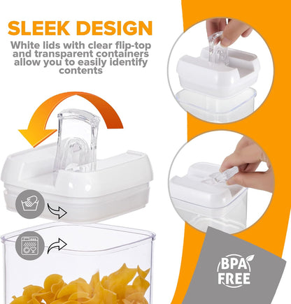 Cheer Collection One Size Airtight Food Storage Containers - Set of 4 IDENTICAL 65 oz Pantry Organizer Bins plus Marker and Labels - Black Lids