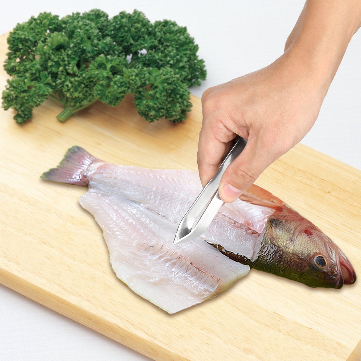 4 Pieces Fish Bone Tweezers Set, Two 4.6" Stainless Steel Tweezer and Two 5.5" Tongs for Cooking Food Design styling.