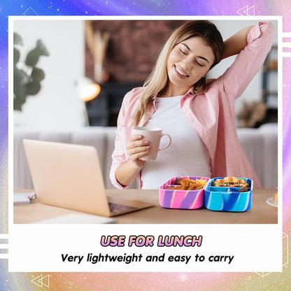 Layhit 4 Pcs Silicone Bento Box for Adults, 27 oz Bento Lunch Container Reusable 3 Compartment Lunchable Food Container for Women Men, Leak Proof Microwave Dishwasher Freezer Safe (Cool Colors)