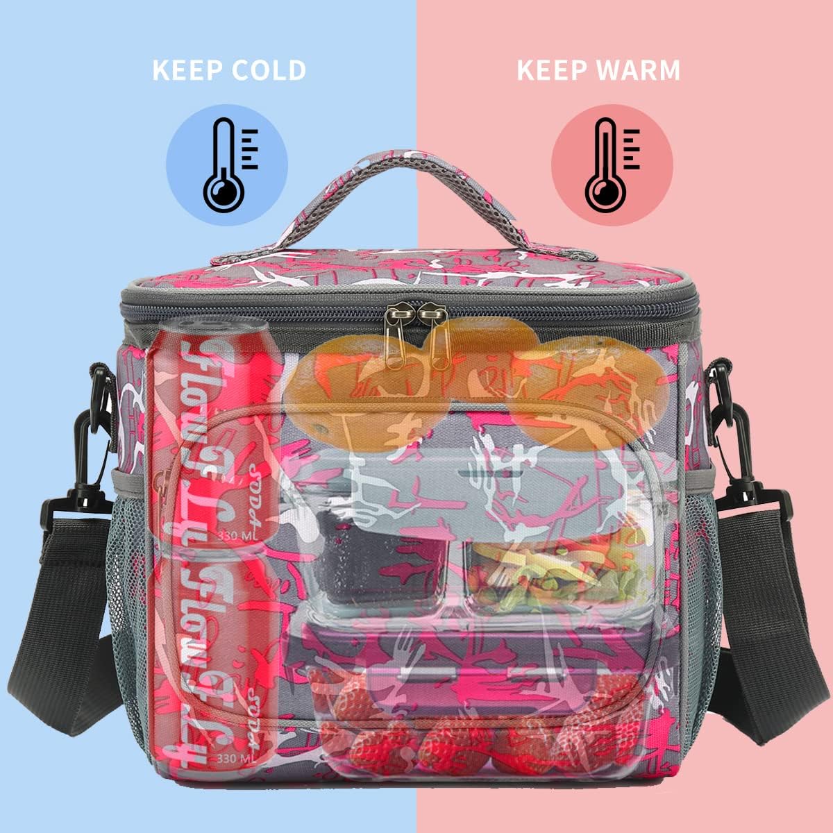 FlowFly Insulated Reusable Lunch Bag Adult Large Lunch Box for Women and Men with Adjustable Shoulder Strap,Front Zipper Pocket and Dual Large Mesh Side Pockets,Cherry - Colors B