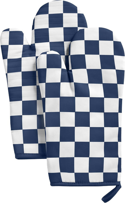 Ohocut Navy Blue Checkered Oven Mitts Heat Resistant, Vintage Retro Checkerboard Cute Oven Mitts, Non-Slip Silicone Kitchen Oven Gloves, 2-Pack Set, 7''x13''