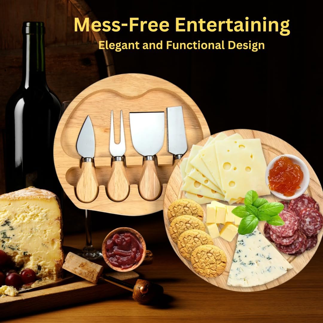 8" Round Wood Cheese Board with 4 Knives – Charcuterie Board Set with Swivel Slide-Out Drawer, Juice Groove, Compact Serving Board for Entertaining, Gifts & Travel