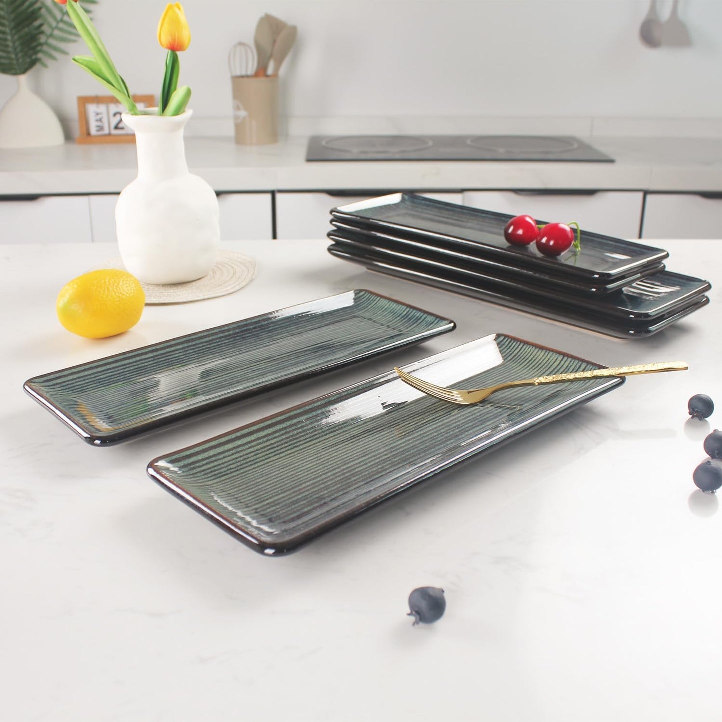 Porcelain Rectangular Plates, Large Cookie Trays, Set of 4, Shatterproof, Dishwasher-Safe, Perfect for Sushi, Baguettes, Snacks, Appetizers, Rolls, or Table Centerpieces.