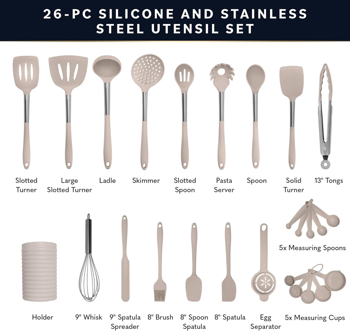 Home Hero Silicone Kitchen Utensils Set - Heat Resistant Non-Scratch Cooking Utensils - Ergonomic Silicone Spatula Set - Dishwasher Safe Kitchen Tools - 26 Piece, Stone