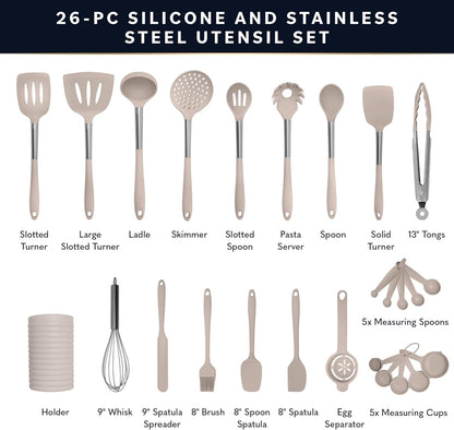 Home Hero Silicone Kitchen Utensils Set - Heat Resistant Non-Scratch Cooking Utensils - Ergonomic Silicone Spatula Set - Dishwasher Safe Kitchen Tools - 26 Piece, Stone