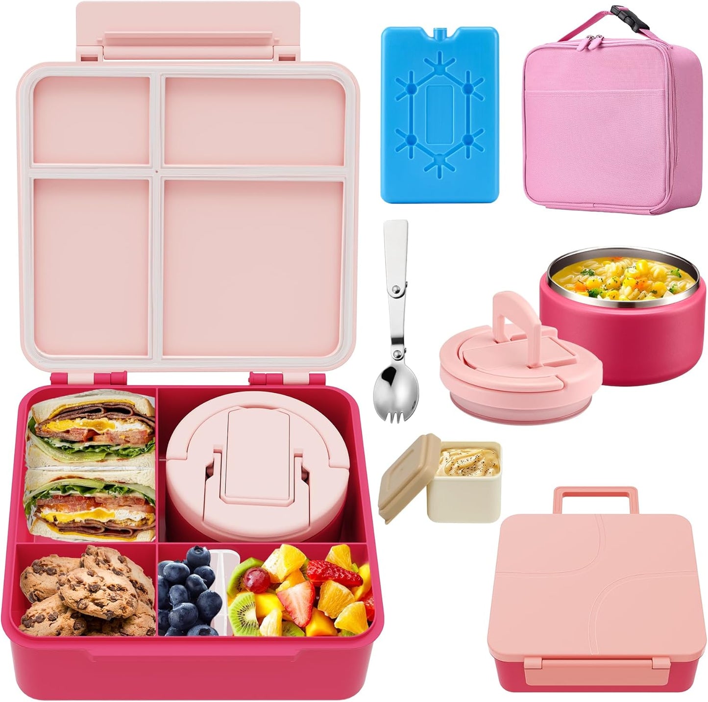 MAXSO Bento Lunch Box Set with 8 oz Soup Thermo, Kids Leakproof 4 Compartments Hot Food Container with Sauce Cup, Ice Pack and Lunch Bag, Child Insulated Food Jar for School - Black