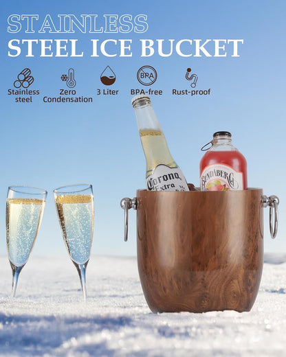 Insulated Ice Bucket, 3L Double Wall Stainless Steel Ice Bucket with Tongs,Lid, Scoop and Strainer, Ice Buckets for Parties,Cocktail Bars, Chilling Beer, Champagne, Wine Bottles