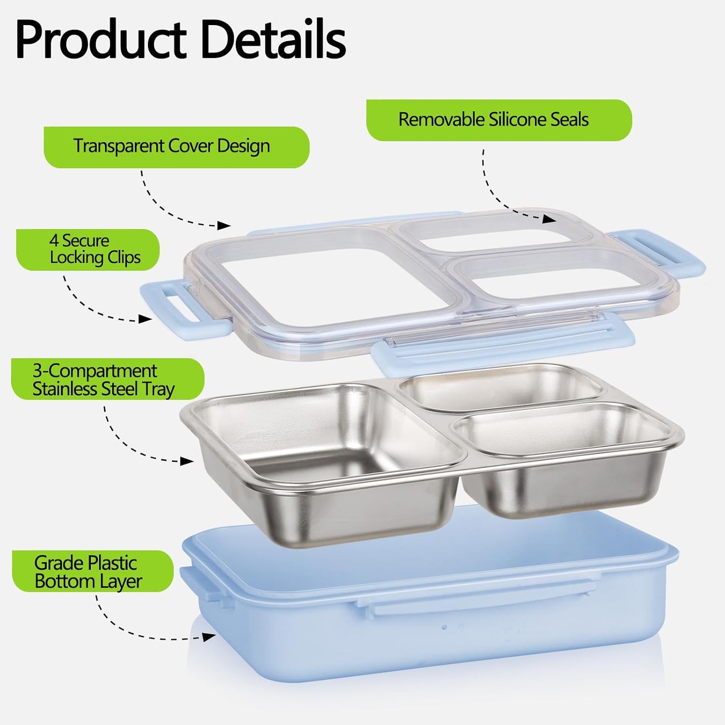 Stainless Steel Bento Box, 3 Compartments Leakproof Stainless Steel Snack Containers, 25 oz Premium 304 Metal Lunch Box for Adults, BPA-Free, Dishwasher Safe (Blue)