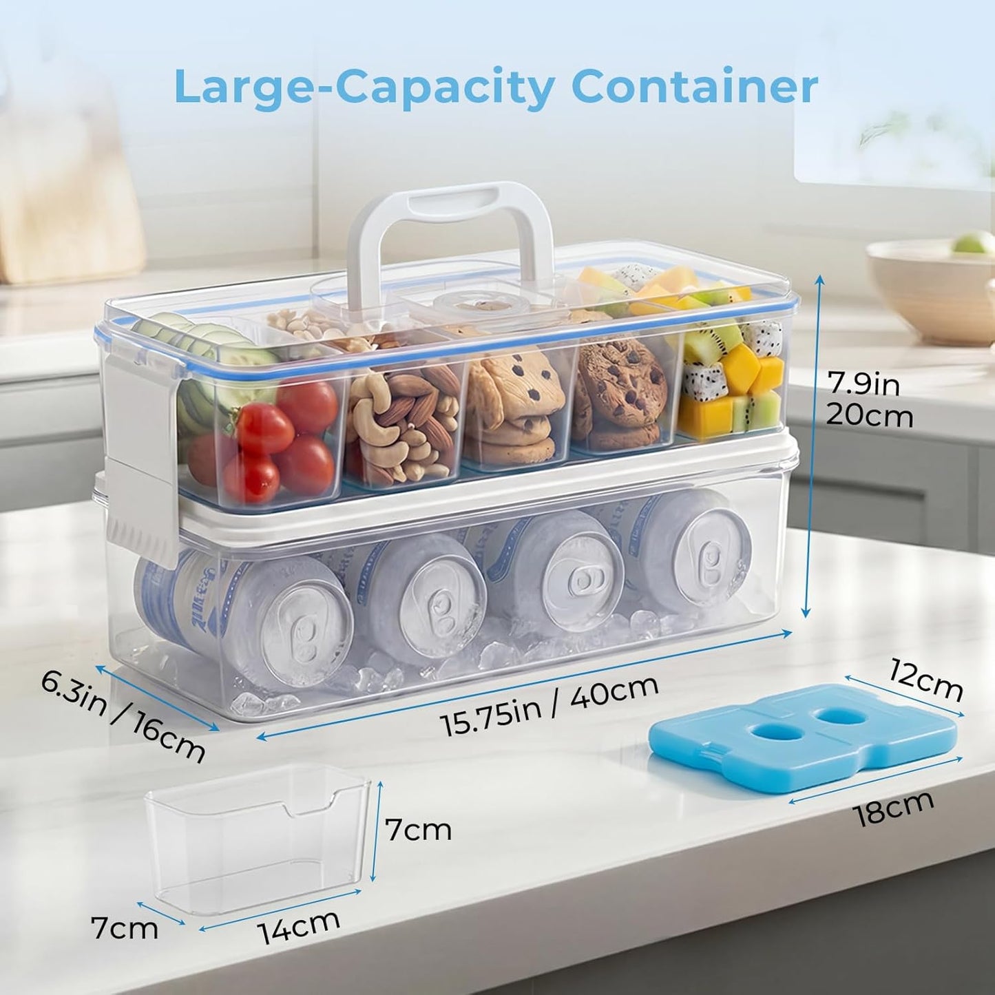 Homelove Snackle Box Container, Snack Organizer Divided Serving Tray with 2 Plastic Ice Packs, Lid with Handle, Double-layer Tray and 5-Compartment Snack Platter for Travel Party Beach Picnic