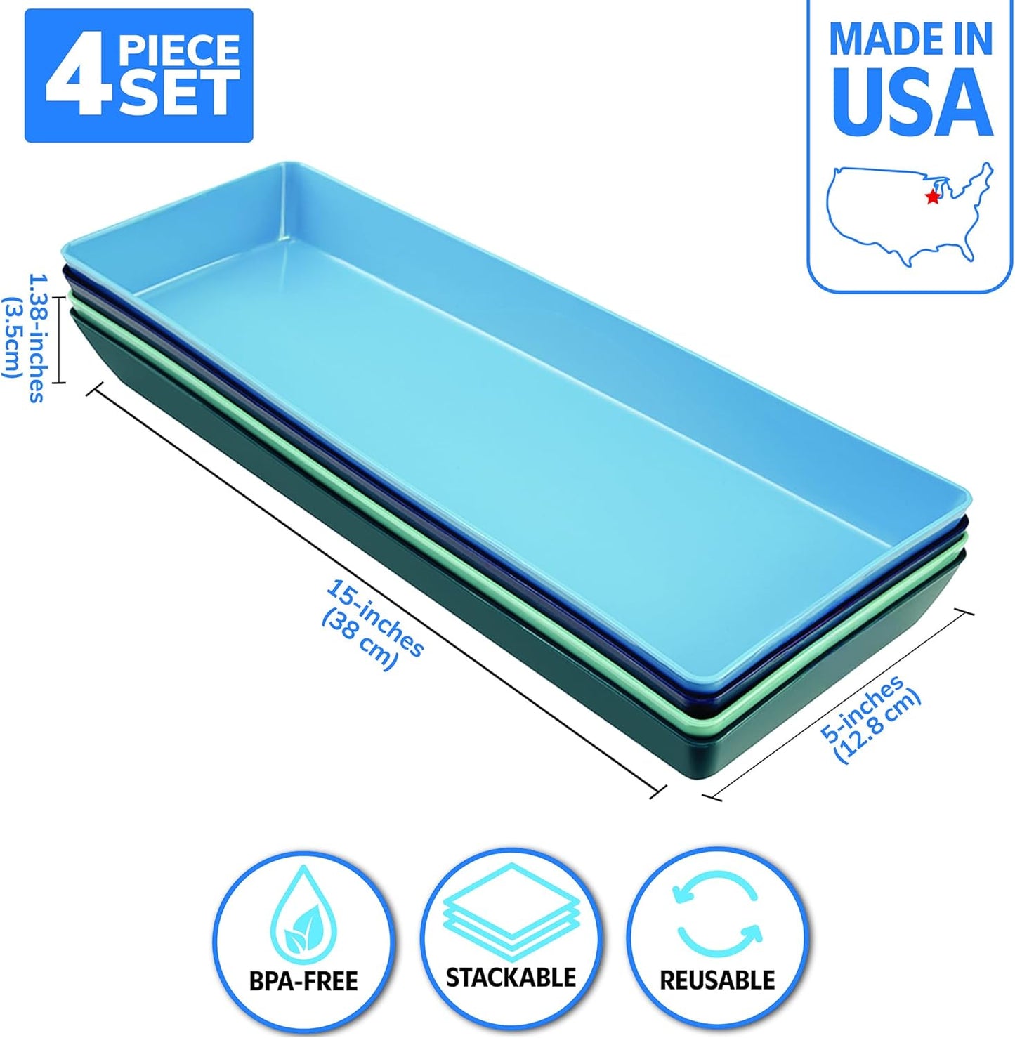 US Acrylic Coastal Plastic Serving Trays (Set of 4) 15” x 10” | Large Unbreakable Reusable Rectangular Party Platters | Serve Appetizers, Fruit, Veggies, & Desserts | BPA-Free & Made in USA