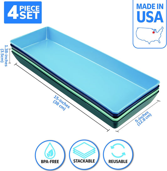US Acrylic Coastal Plastic Serving Trays (Set of 4) 15” x 10” | Large Unbreakable Reusable Rectangular Party Platters | Serve Appetizers, Fruit, Veggies, & Desserts | BPA-Free & Made in USA