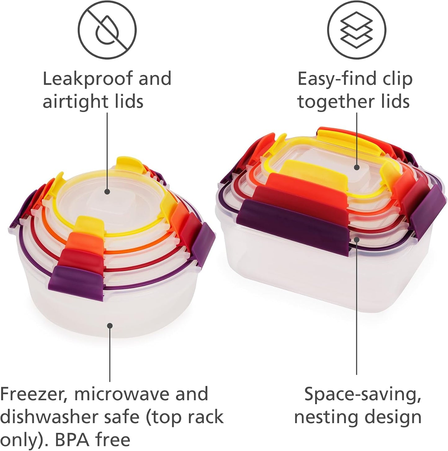 Joseph Joseph Nest Lock Plastic BPA Free Food Storage Container Set with Lockable Airtight Leakproof Lids, 10-Piece, Multi-Color