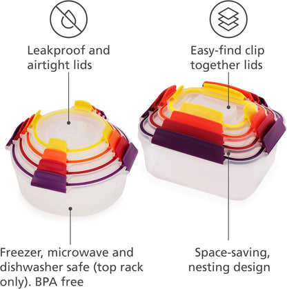 Joseph Joseph Nest Lock Plastic BPA Free Food Storage Container Set with Lockable Airtight Leakproof Lids, 10-Piece, Multi-Color