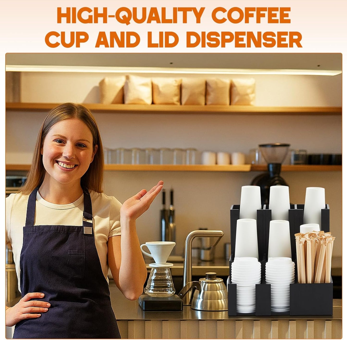 CroBlissful Wooden Vertical Coffee cup and lid dispenser, coffee condiment organizer, 9 Compartment for Disposable Paper & Plastic Cup, for cabinet Station Home Countertop Bar 13''l x 13''w x 12''h