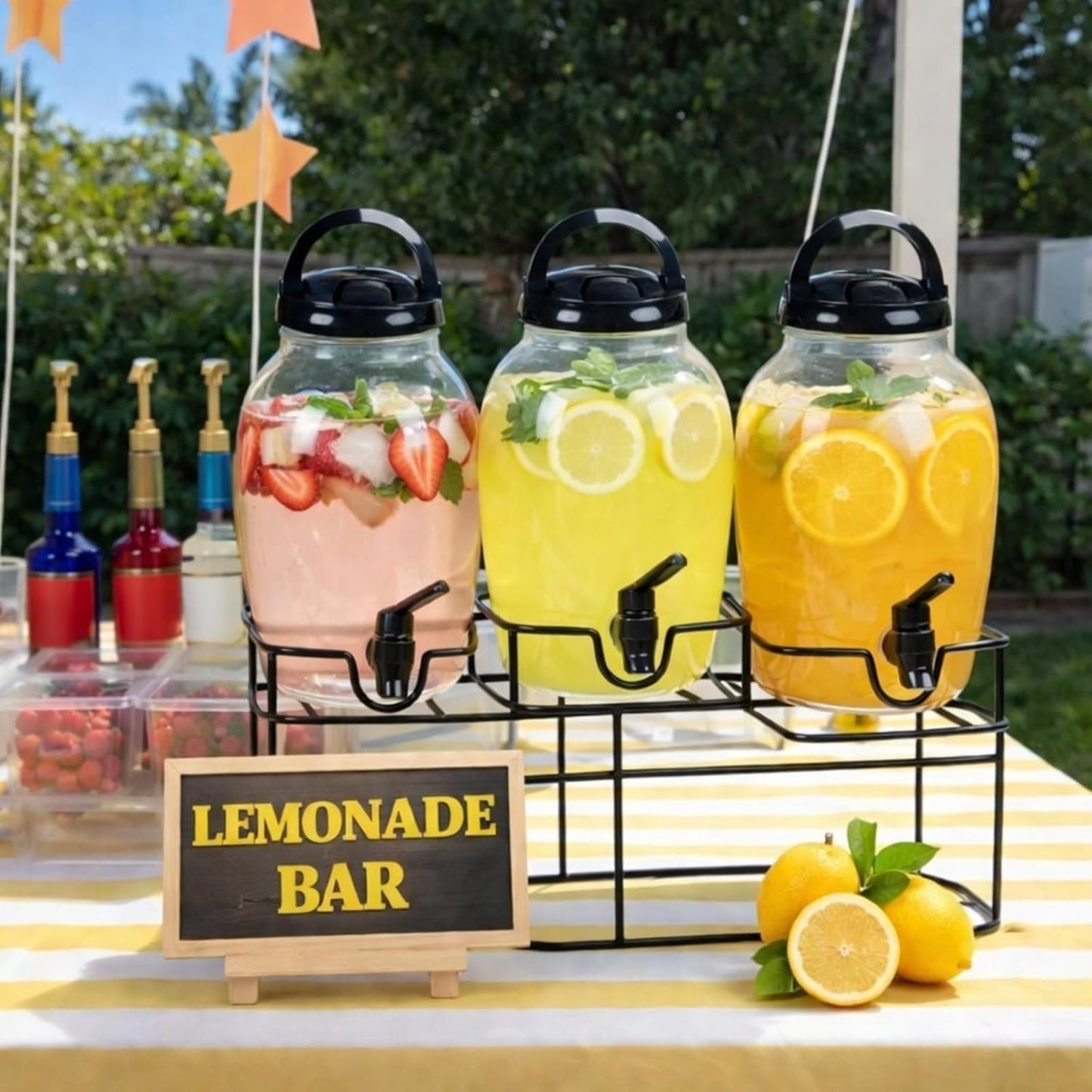 Tanlade 3 Pcs Plastic Drink Dispenser with Spigot and Metal Stand 1.2 Gallon Beverage Dispenser for Parties Juice Dispensers Lemonade Jar with Lids for Cold Drink Tea Water Container