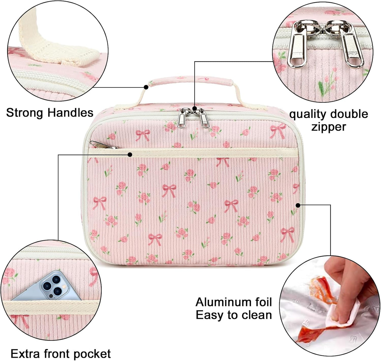 Bluboon Insulated Lunch Bag for Girls & Boys, Corduroy School Lunch Box with Cooler & Organizer Compartments, Leak-Proof Lunch Tote for School, Travel (Corduroy Strawberries Beige)