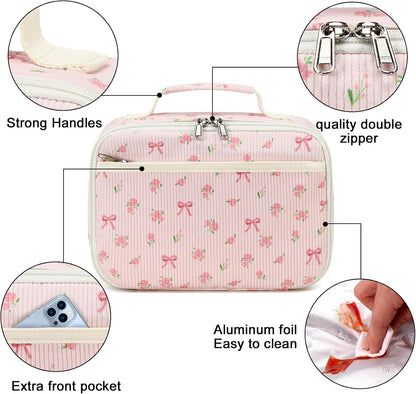Bluboon Insulated Lunch Bag for Girls & Boys, Corduroy School Lunch Box with Cooler & Organizer Compartments, Leak-Proof Lunch Tote for School, Travel (Corduroy Strawberries Beige)