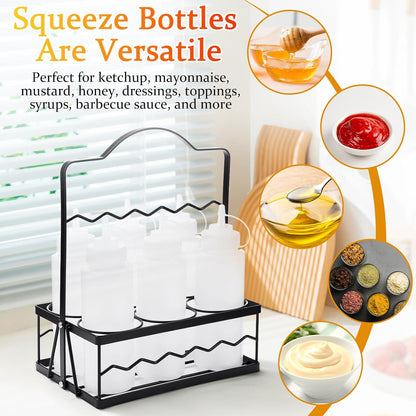 Kathfly Condiment Caddy with 6 Squeeze Bottle, 16 oz Squeeze Bottle Holder Countertop Organizer for Kitchen, Bar, BBQ, Picnic Steel Holder with Portable Handle, Food Grade PE Bottles