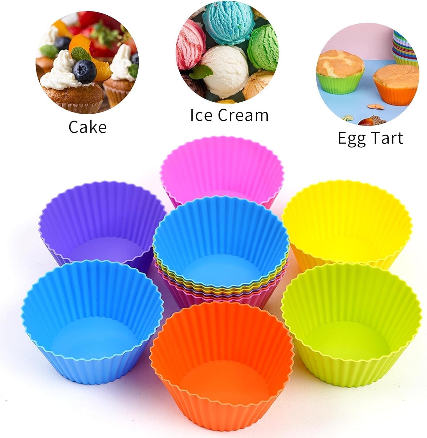 12 Pack Reusable Baking Silicone Molds, Round Cupcake Liners, Silicone Baking Cups Multicolor, Easy Clean, Heat Resistant, Muffin Cups for Homemade Birthday