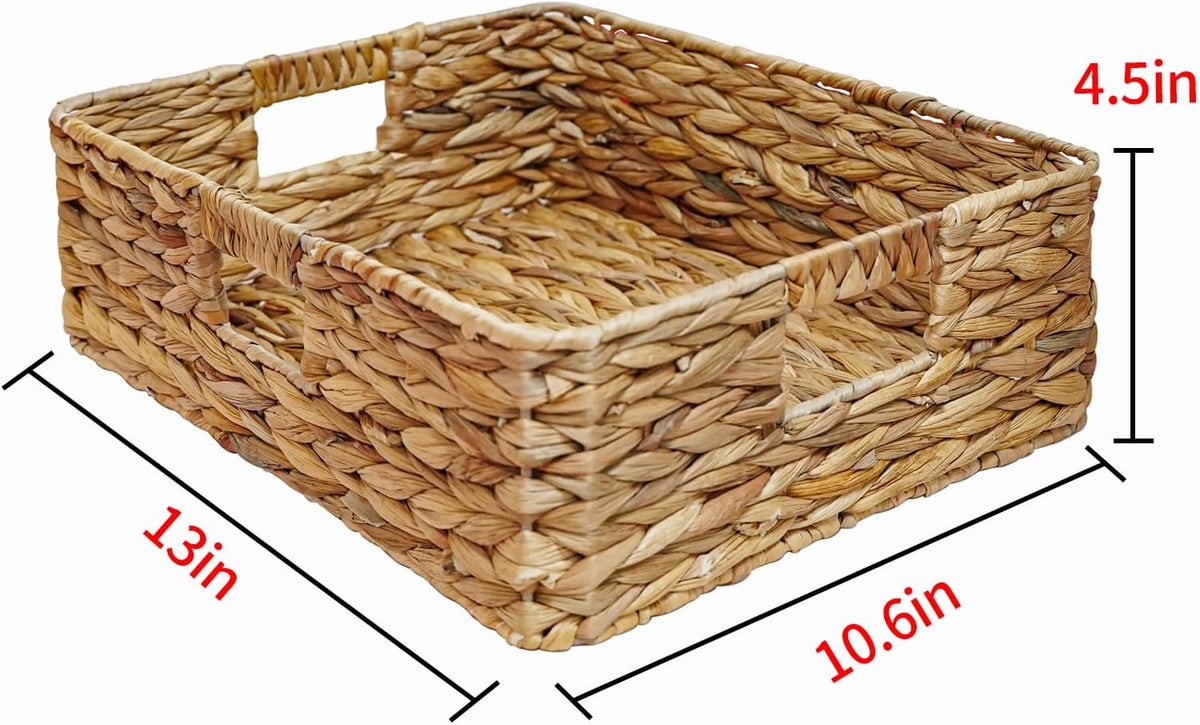 Rectangular Wicker Shelf Basket, Square Water Hyacinth Woven Storage Basket | Three-sided handle design, Natural water hyacinth material, Suitable for the living room, storage room, vanity, and wardrobe