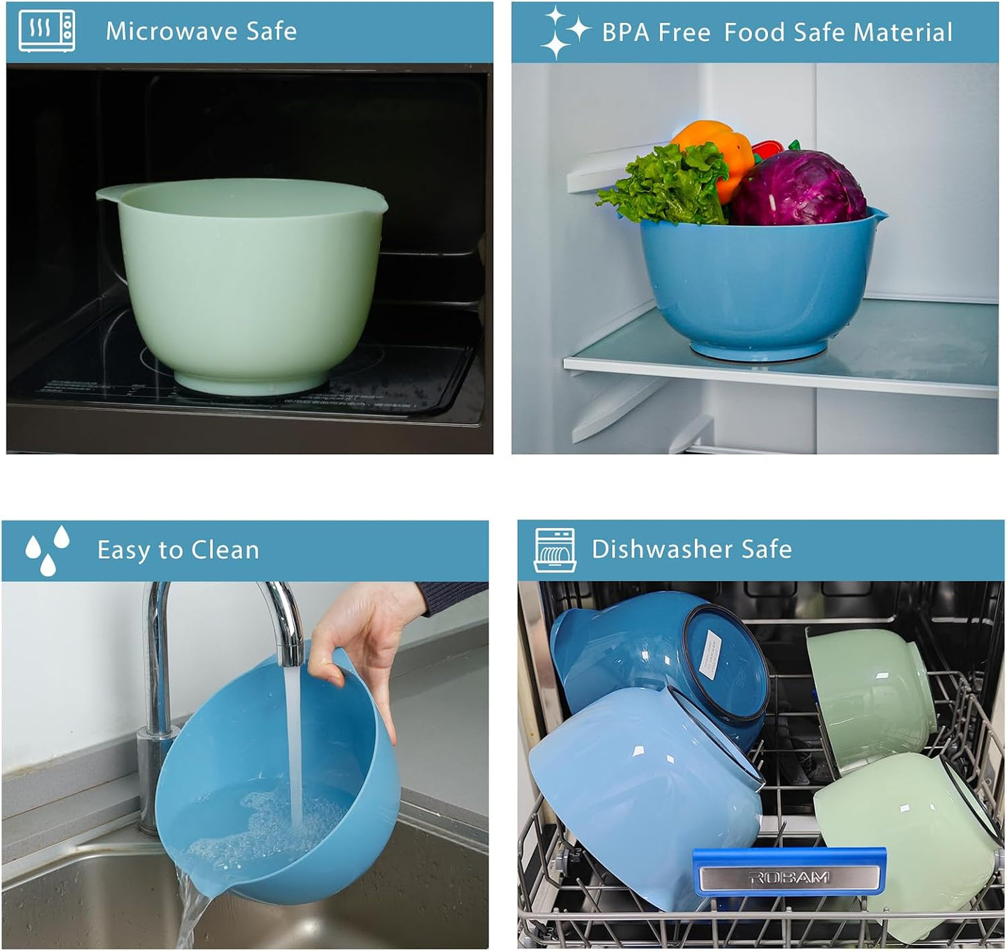 BoxedHome Nesting Plastic Mixing Bowl Set With Pour Spout, Microwave and Dishwasher Safe, BPA free Non-Slip Base, Set of 4 Size 1.7, 2.5, 3.5 and 4.5qt, Great for Prepping, Baking, Cooking (Dark Blue)