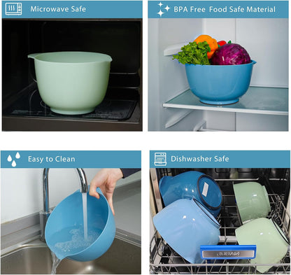 BoxedHome Nesting Plastic Mixing Bowl Set With Pour Spout, Microwave and Dishwasher Safe, BPA free Non-Slip Base, Set of 4 Size 1.7, 2.5, 3.5 and 4.5qt, Great for Prepping, Baking, Cooking (Dark Blue)