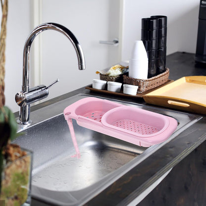 GALPADA Expandable over Sink Colander Strainer Basket, Pink Kitchen Sink Basket with Fine Mesh, Multifunctional Vegetable Washing and Dish Dry Rack for Food Drainage and Storage